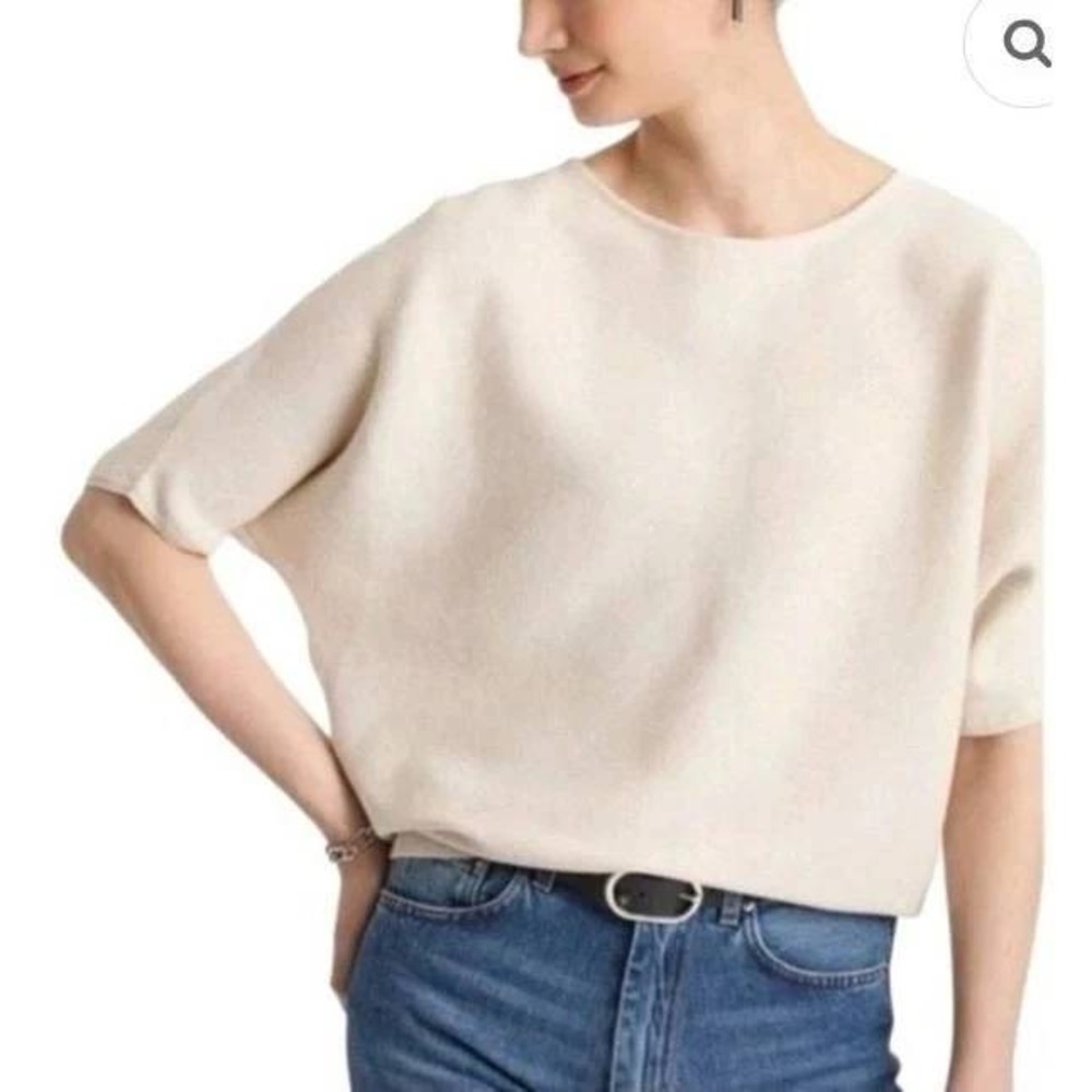 R Label Womens Cream 100% Wool Dolman Short Sleeve Knit Sweater XS Minimalist